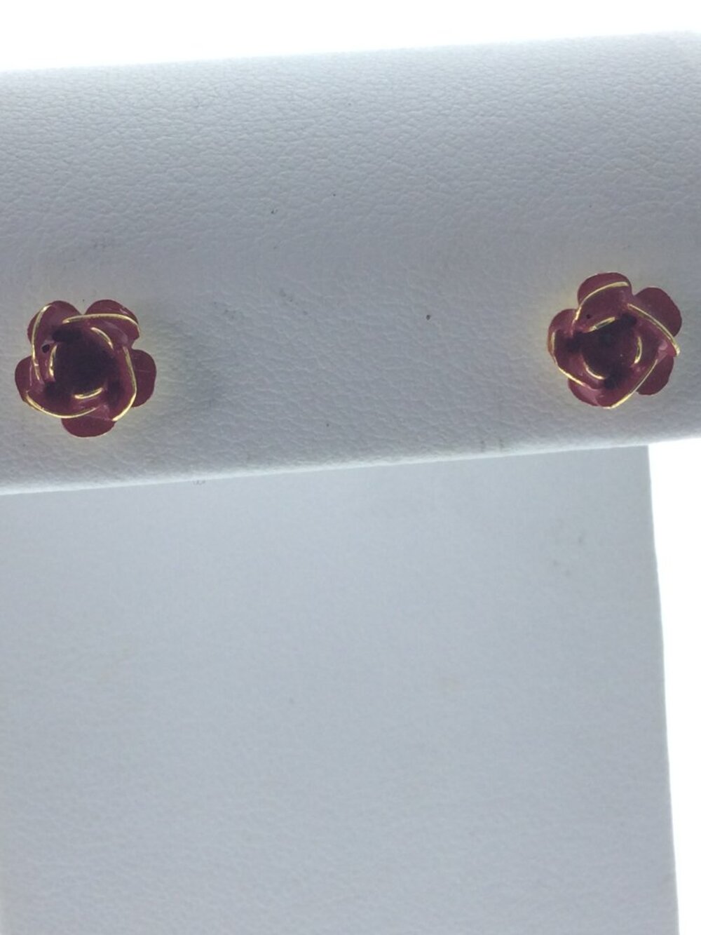 Vintage Tiny Pink Rose Enamel Gold Tone Earrings